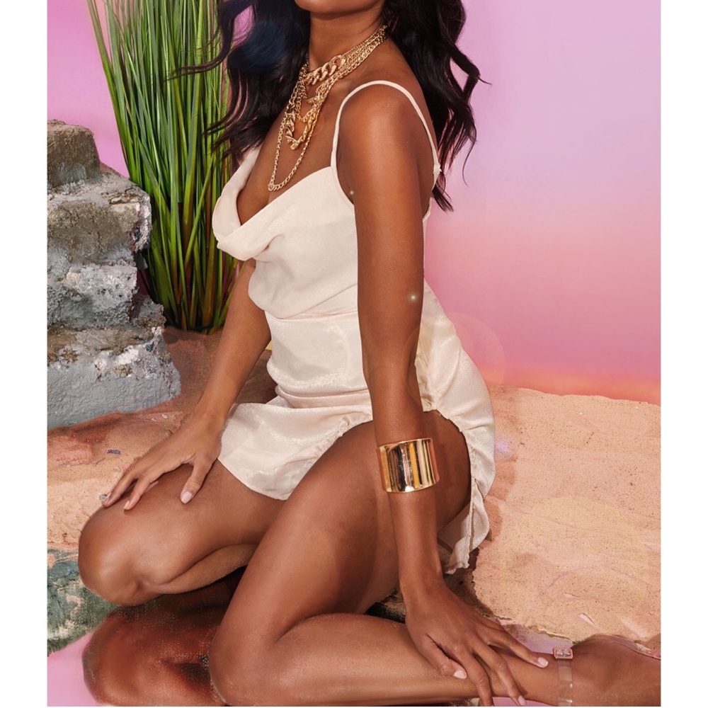 Champagne satin cowled neck dress